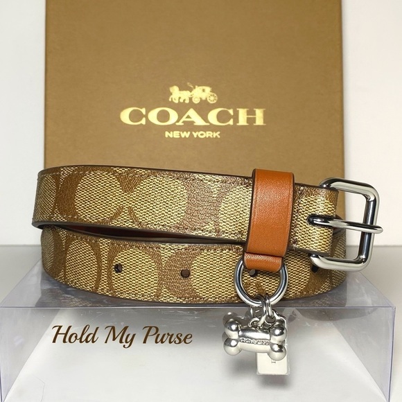 Coach Dog Collar + Apple AirTag Tracker! Brown Khaki Signature C Size Large - Picture 1 of 12